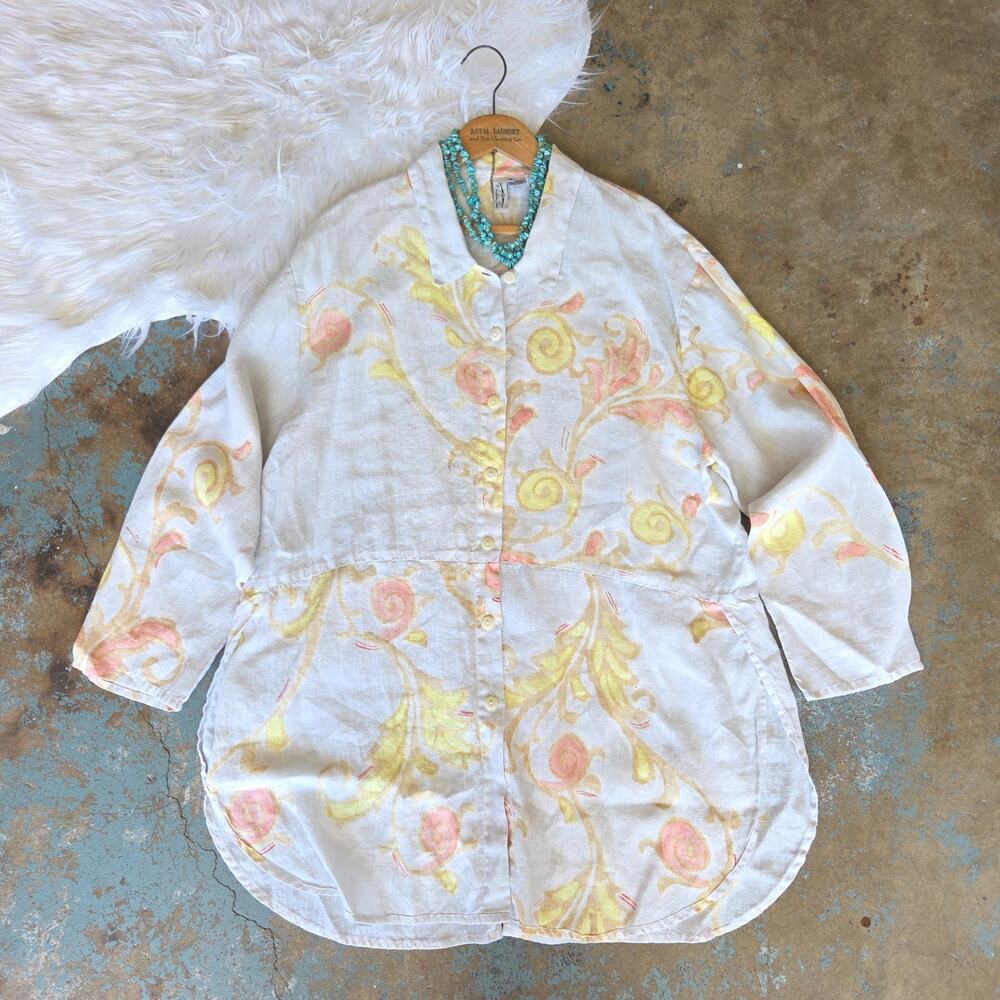 Winter Sun 100% Linen Tunic Top Size M Collared Button Up Floral Lagenlook